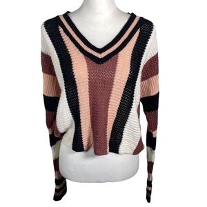 Trendy Threads Black Pink White Stripes V Neck Mesh Knit Long Sleeve Pullover XL